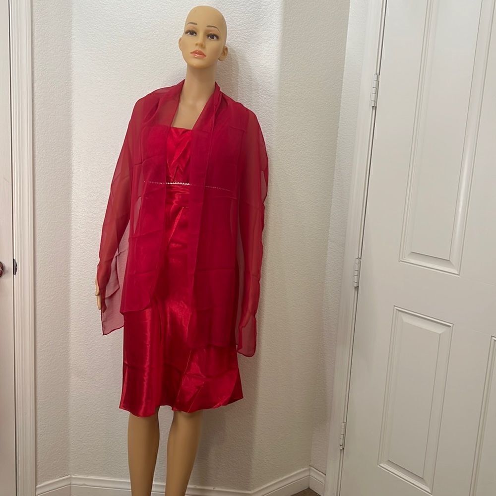 Rhinestones Red Wedding Dress Bridesmaid Devil Costume Handmade Matching Scarf